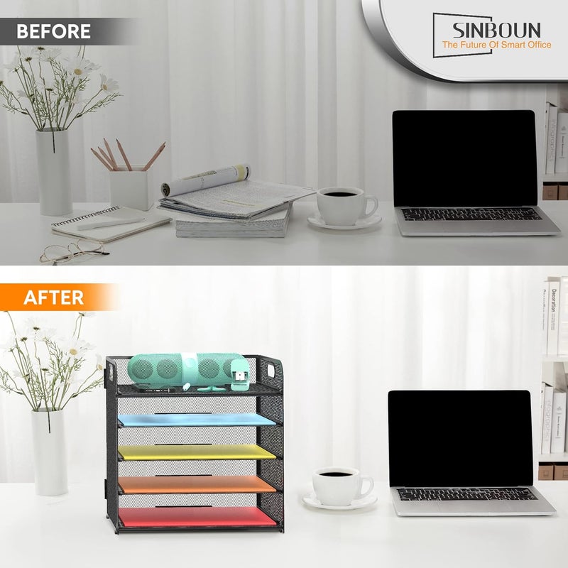 Sinboun 2 Pack Letter Tray 5-Tier Desk Organizer File Paper Holder with Handle, Metal Desktop Document Shelf Tray Office Classroom Organization - Black - Image 4